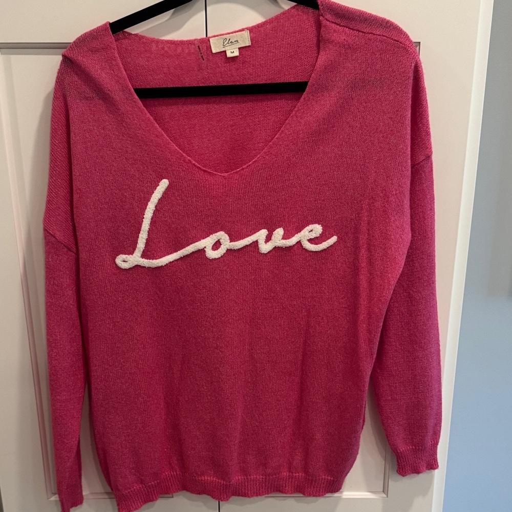 Elan Pink V-Neck Sweater with Love Design